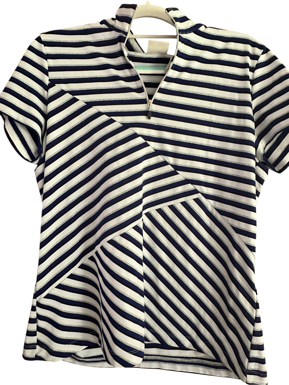 Chicos energy Striped Navy, white and silver  Short Sleeve Women's Top. Size 2